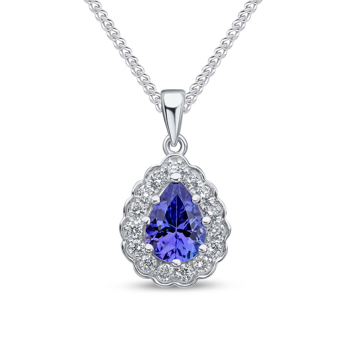 18CT WG 7X5 CLAW SET PEARSHAPE TANZANITE AND ROUND DIAMOND SCALLOPED EDGE CLUSTER PENDANT