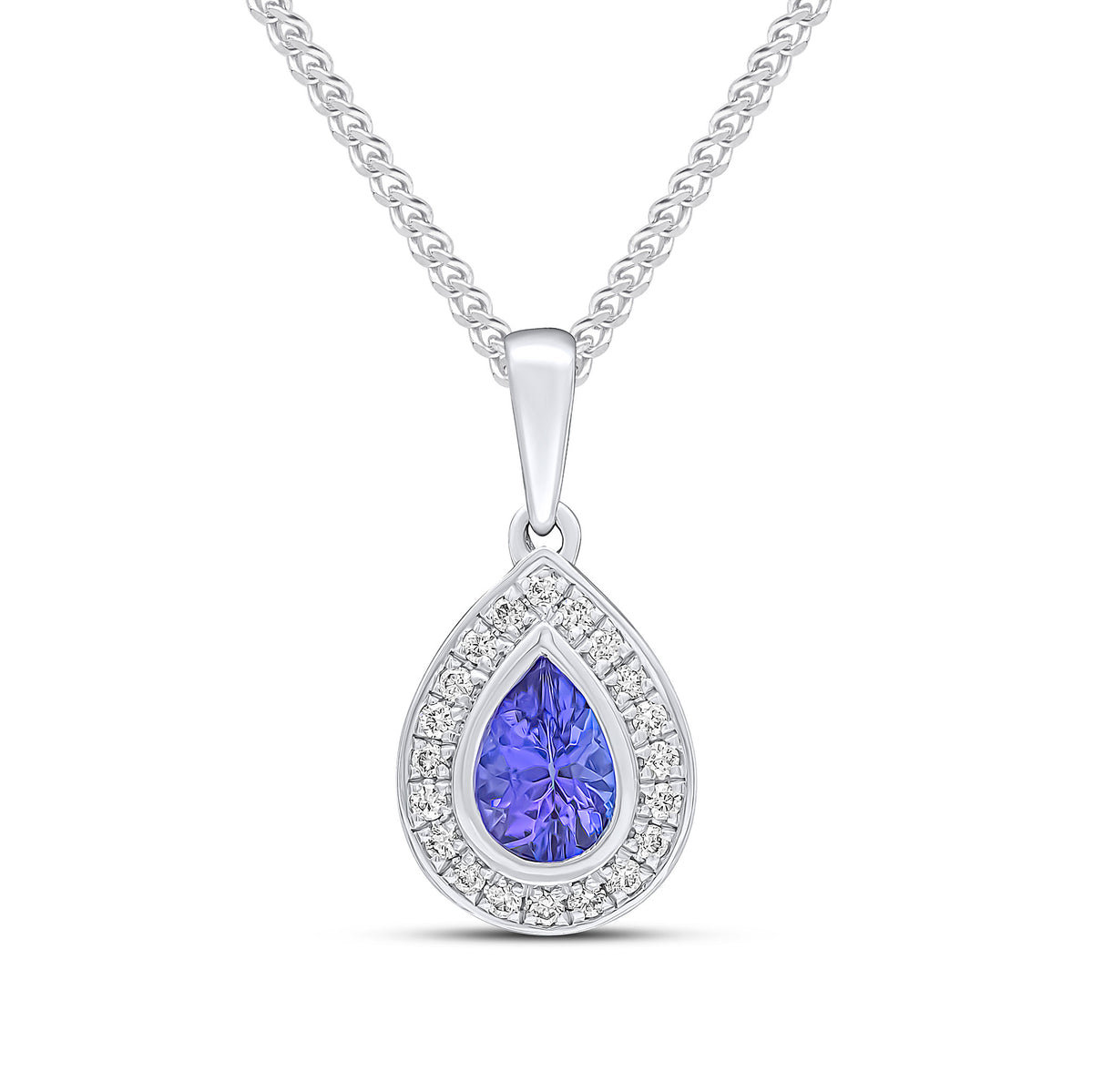 18CT WG RUBOVER PEARSHAPE TANZANITE AND GRAIN SET ROUND DIAMOND CLUSTER PENDANT