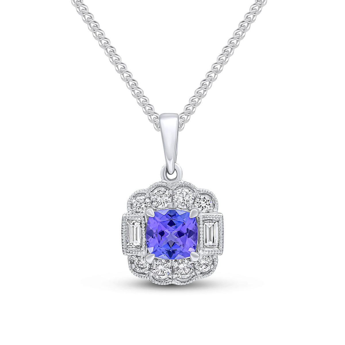 18CT WHITE GOLD CLAW SET CUSHION TANZANITE, BAGUETTE AND ROUND DIAMOND MILLEGRAIN FANCY CLUSTER PENDANT. PLAIN LOOP TOP