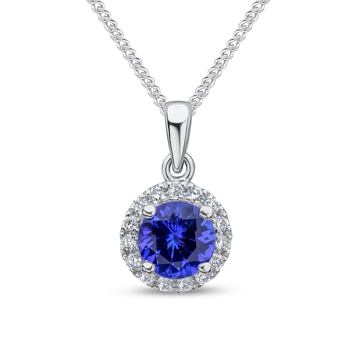 18CT WG 5MM ROUND TANZANITE AND DIAMOND CLUSTER PENDANT