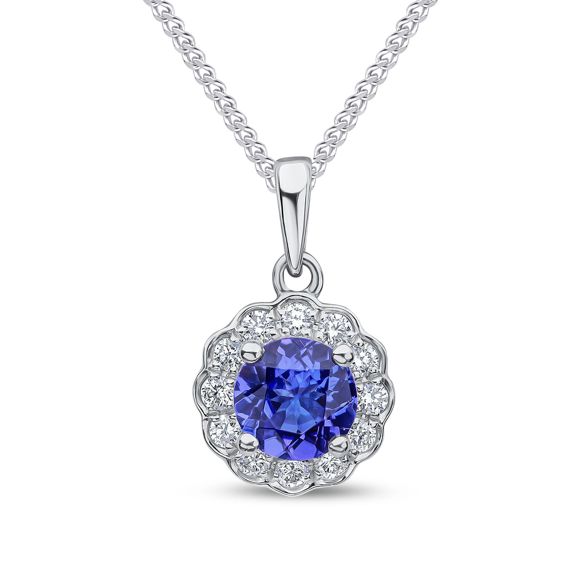 18CT WG 5MM ROUND TANZANITE AND DIAMOND CLAW CLUSTER PENDANT WITH SCALLOPED EDGE