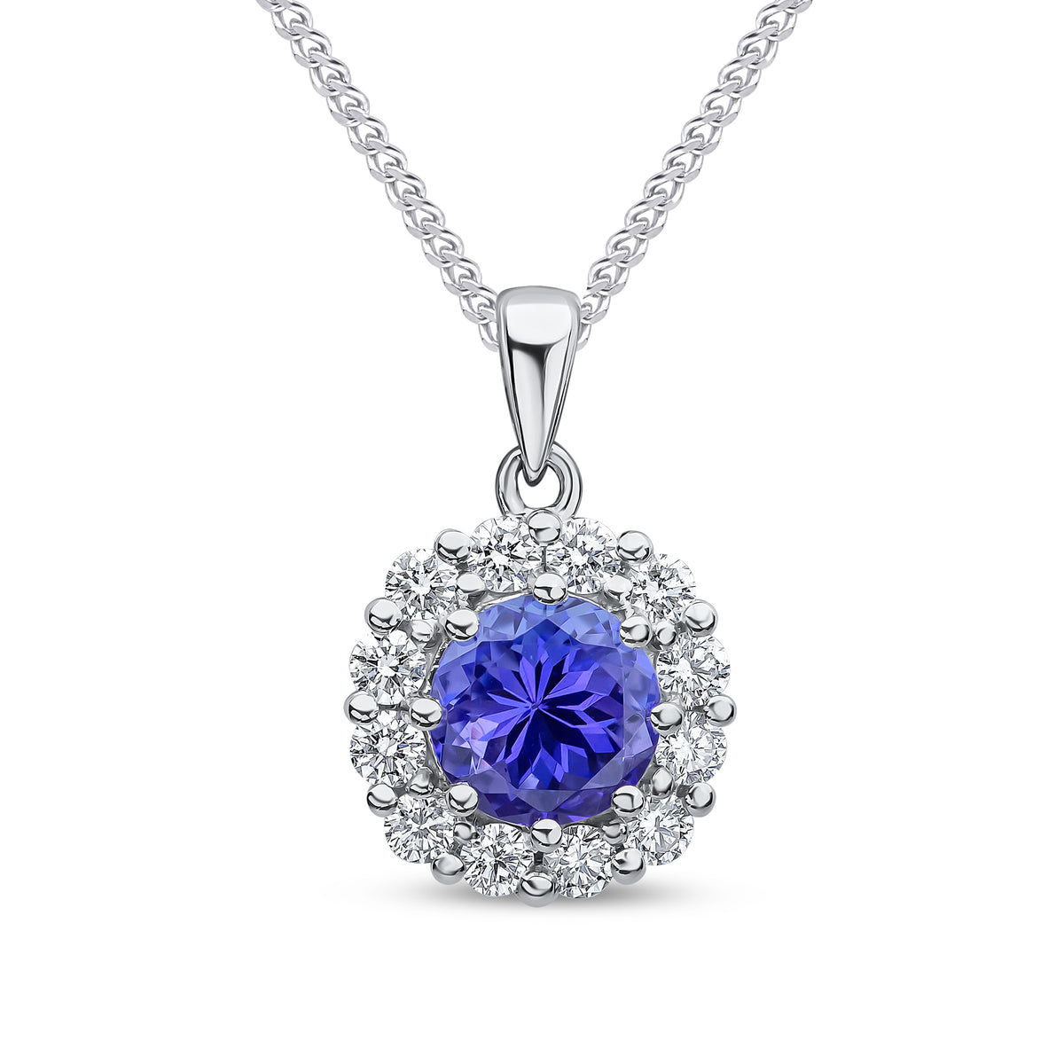 18CT WG 6MM ROUND TANZANITE AND DIAMOND CLAW CLUSTER PENDANT