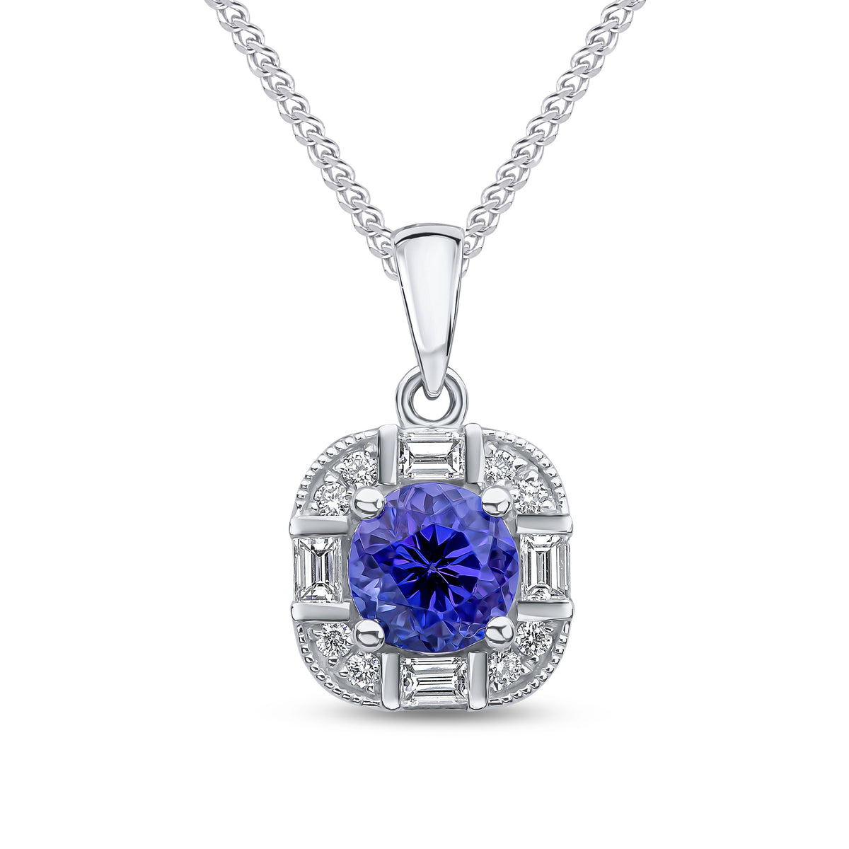 18CT WG ROUND TANZANITE AND ROUND AND BAGUETTE DIAMOND FANCY CLUSTER PENDANT