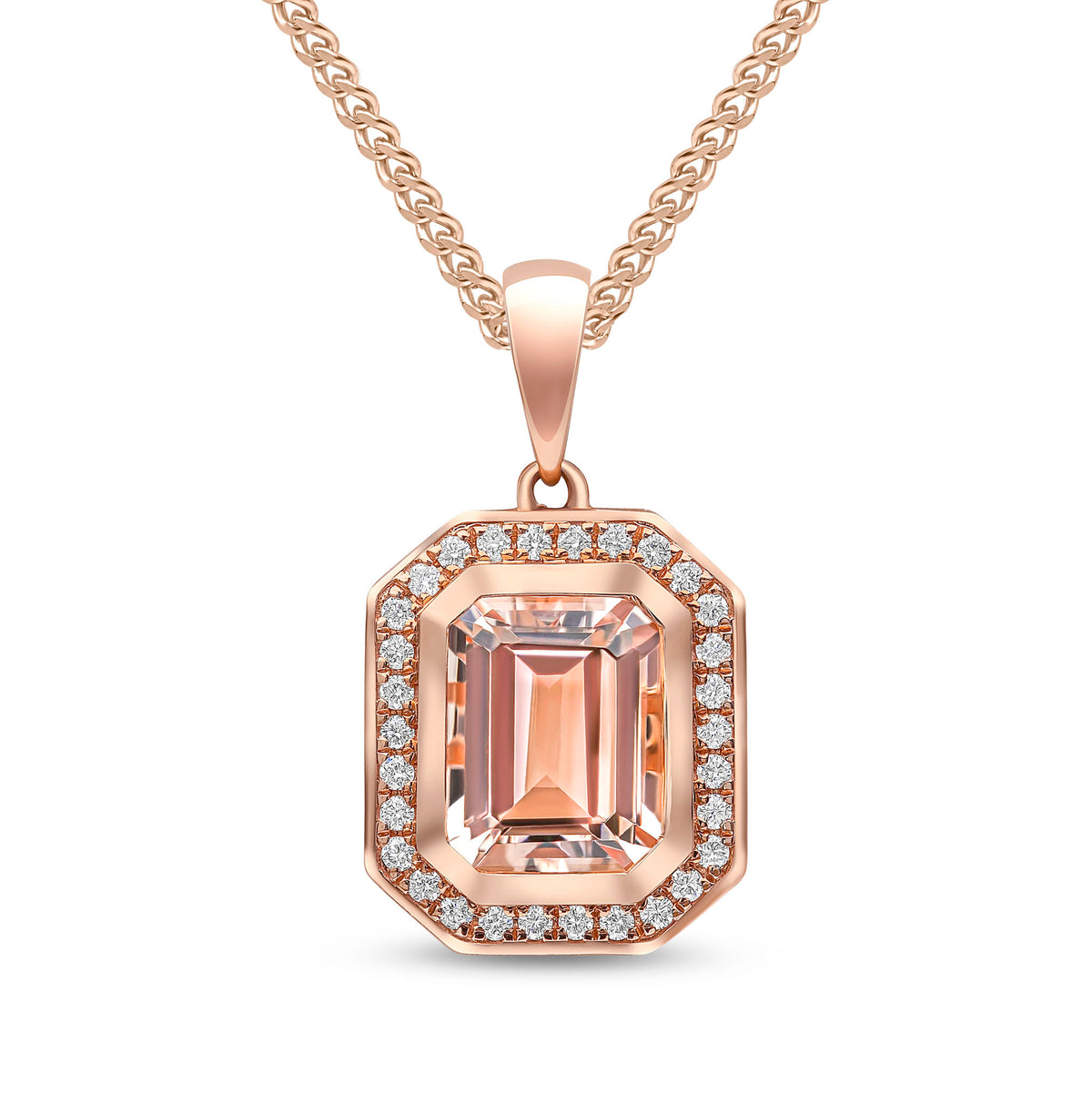 18CT RG RUBOVER OCTAGONAL MORGANITE & GRAIN SET DIAMOND CLUSTER PENDANT WITH PLAIN LOOP