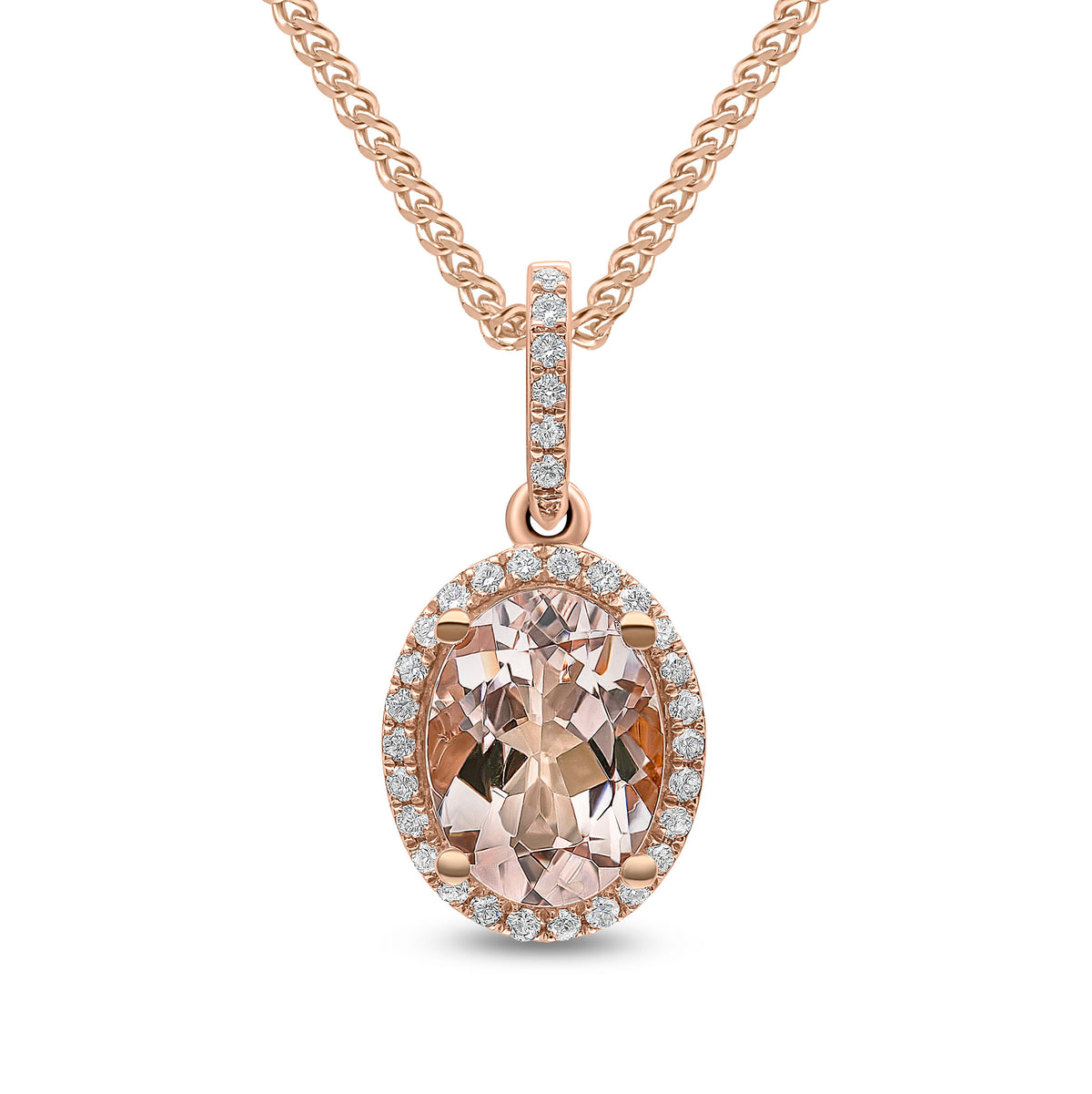 18CT RG 8X6 OVAL MORGANITE & DIAMOND HALO CLUSTER PENDANT WITH DIAMOND SET LOOP