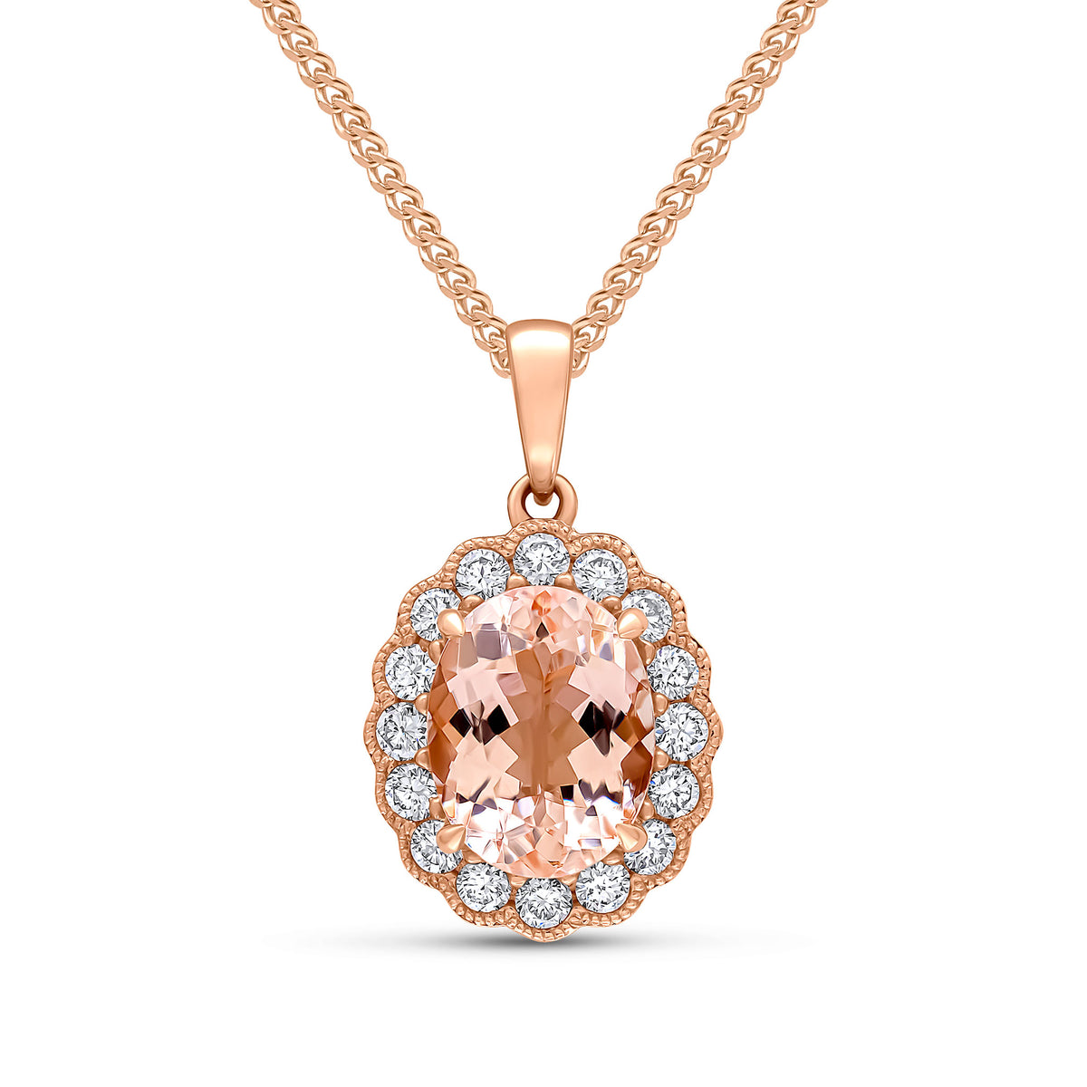 18CT RG OVAL MORGANITE & DIAMOND CLUSTER PENDANT WITH SCALLOPED MILLEGRAIN EDGE