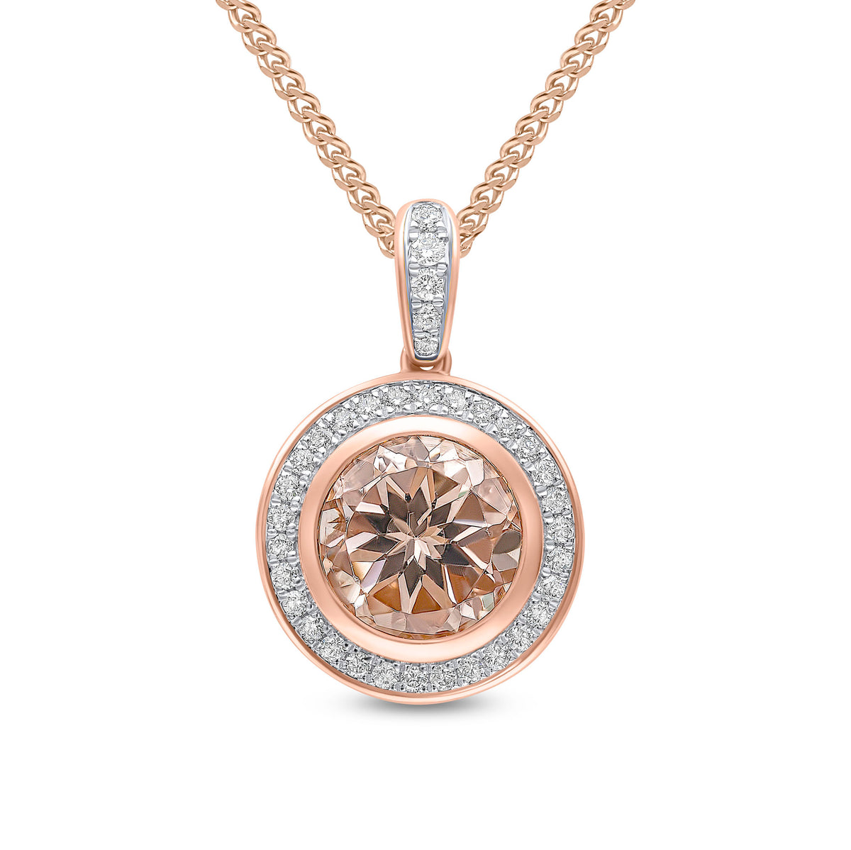 18CT RG RUBOVER 8MM ROUND MORGANITE & GRAIN SET DIAMOND CLUSTER PENDANT WITH DIAMOND SET LOOP