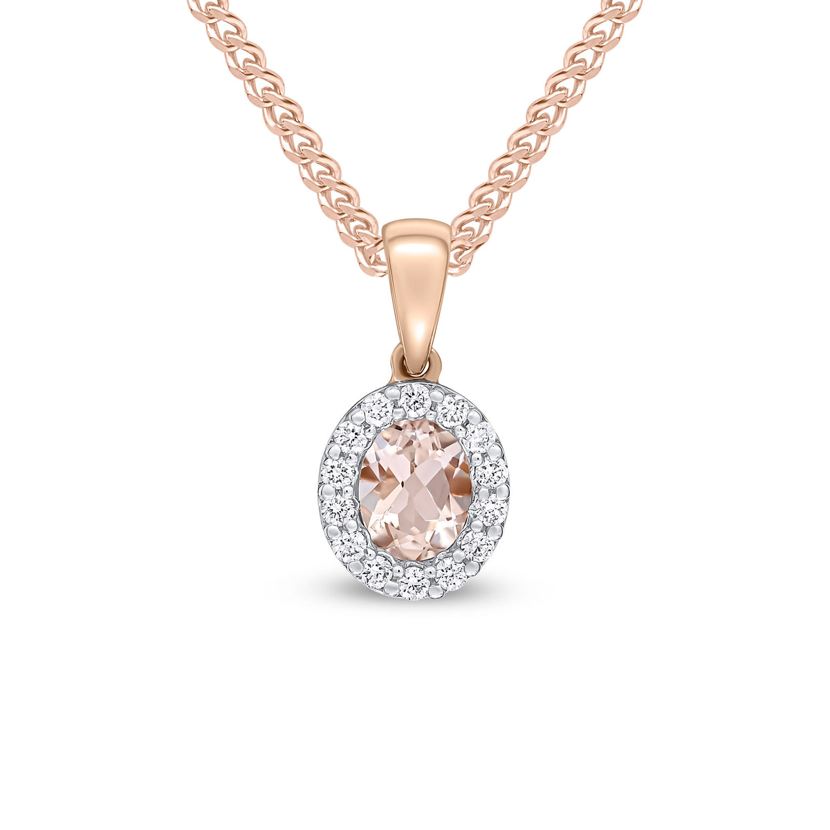 18CT RG 5X4 OVAL MORGANITE & DIAMOND MICROSET CLUSTER PENDANT