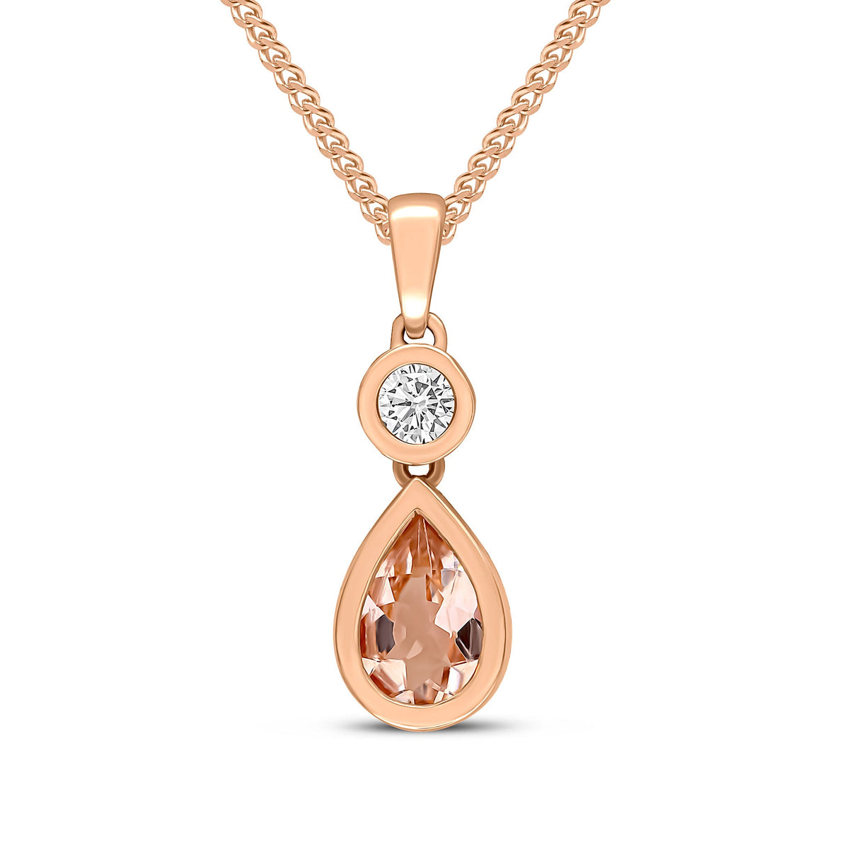 18CT RG PEARSHAPE MORGANITE AND ROUND DIAMOND 2ST RUBOVER PENDANT