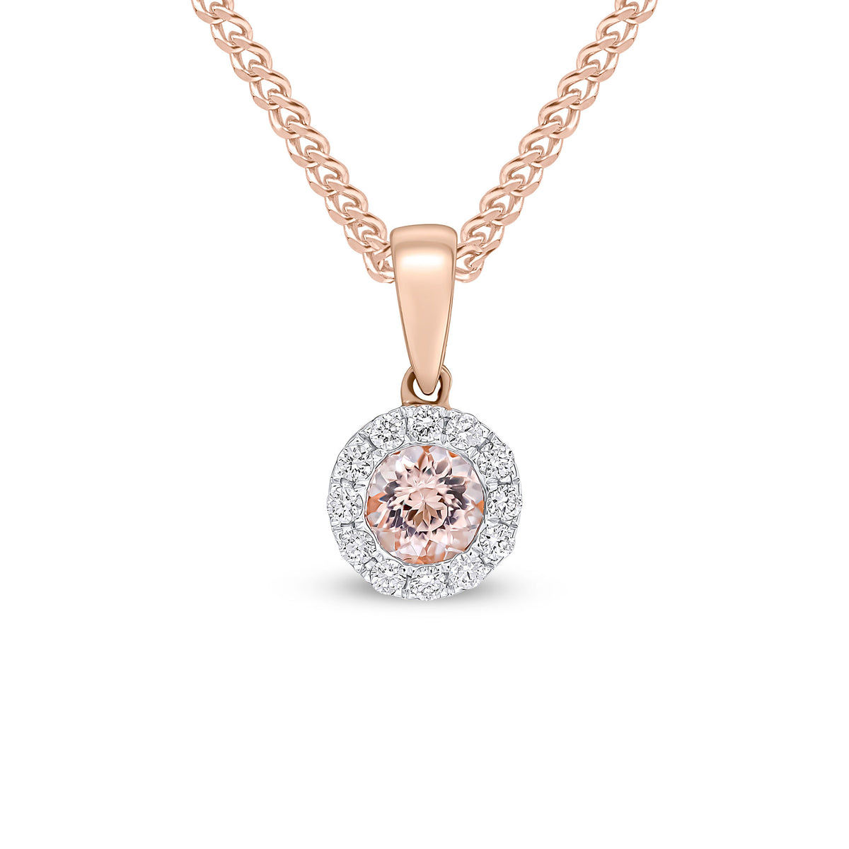 18CT RG 4MM ROUND MORGANITE & DIAMOND MICROSET CLUSTER PENDANT WITH PLAIN LOOP