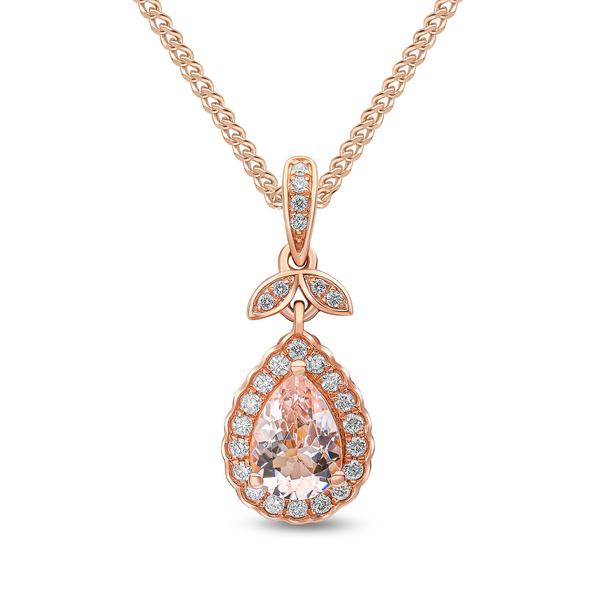 18CT RG PEARSHAPE MORGANITE & DIAMOND CLUSTER PENDANT WITH DIAMOND SET FANCY LOOP