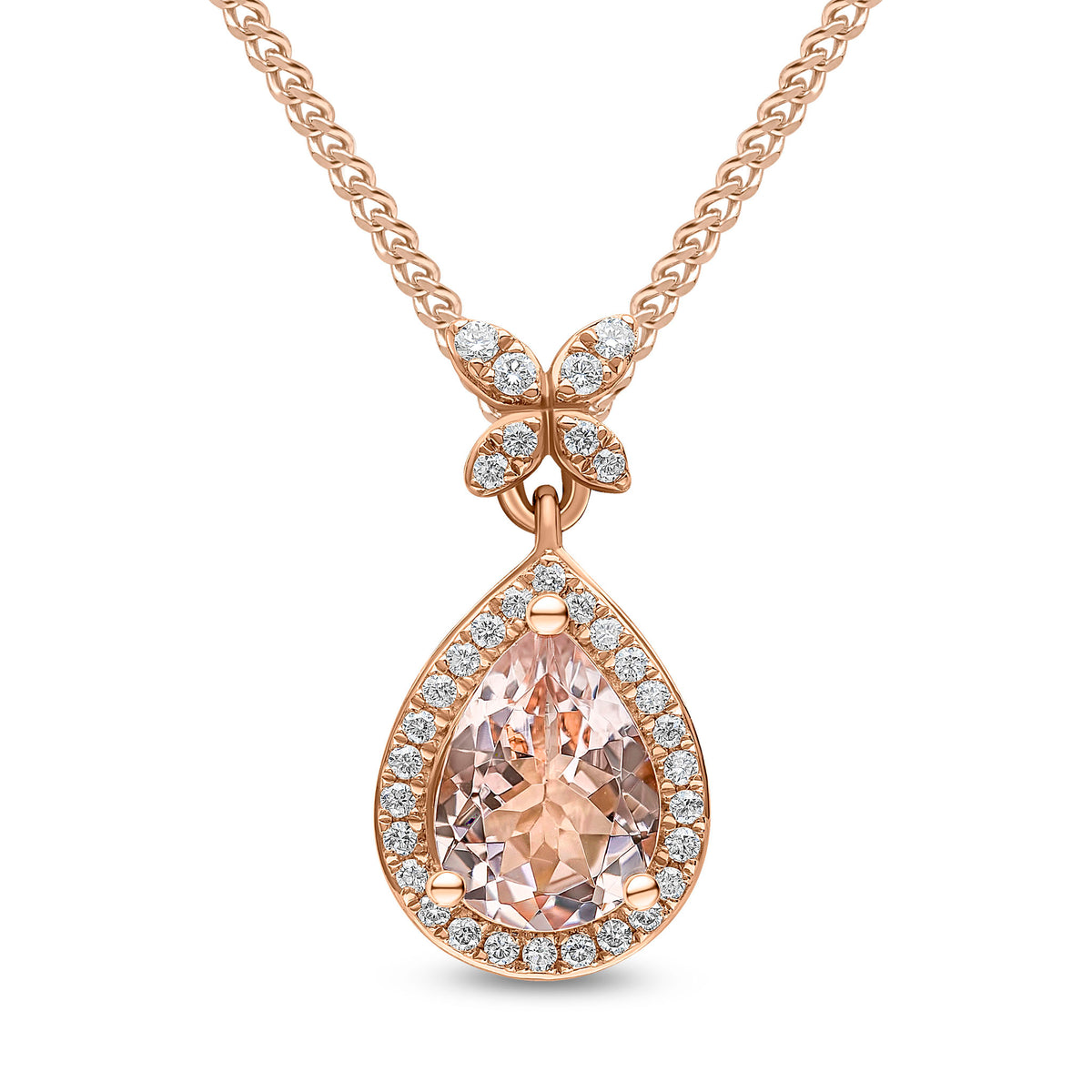18CT RG PEARSHAPE MORGANITE & DIAMOND CLUSTER PENDANT WITH DIAMOND CROSS LOOP