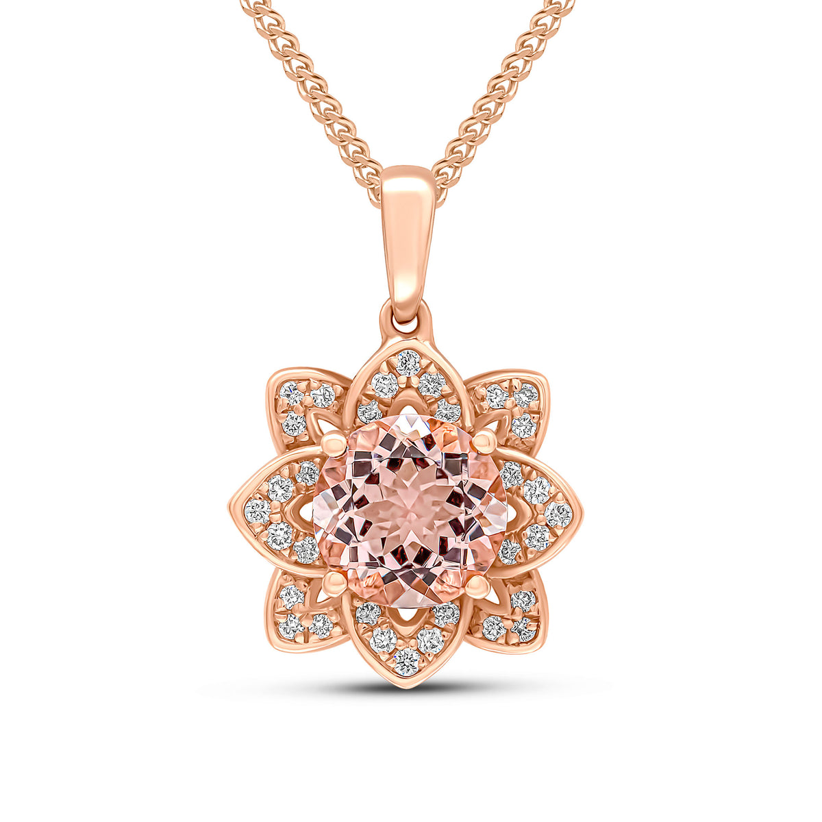 18RG ROUND MORGANITE & DIAMOND FLOWER PENDANT