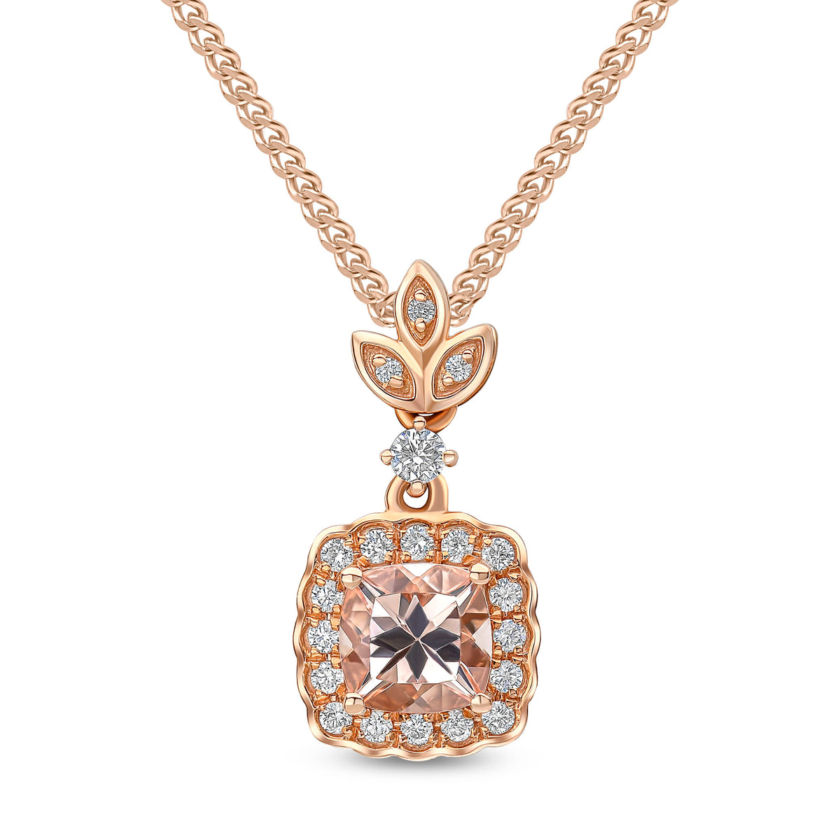 18CT RG 5MM CUSHION MORGANITE & DIAMOND CLUSTER PENDANT WITH DIAMOND