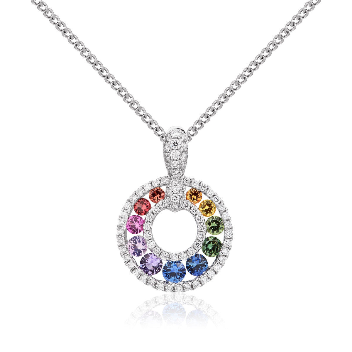 18CT WG MULTI-SAPPHIRE & DIAMOND OPEN CIRCLE PENDANT