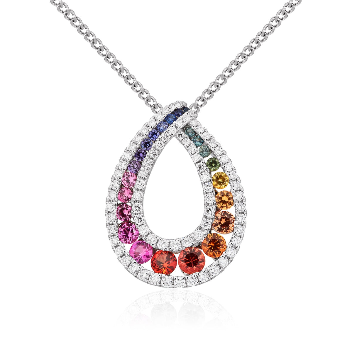 18CT WHITE GOLD ROUND MULTI-SAPPHIRE AND ROUND DIAMOND 3 ROW GRADUATED LOOP SLIDER PENDANT