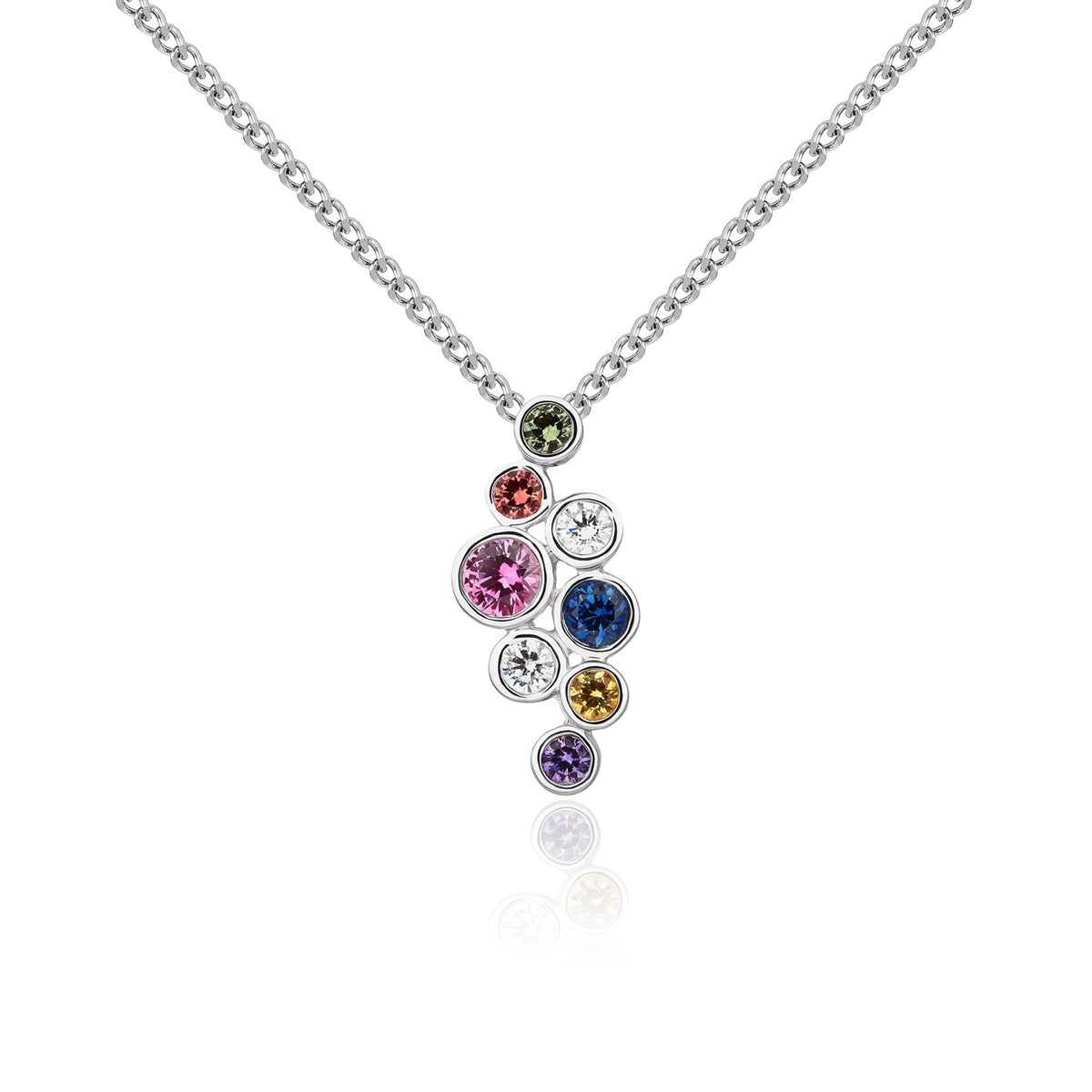 18CT WG ROUND MULTI-SAPPHIRE AND DIAMOND BUBBLE PENDANT
