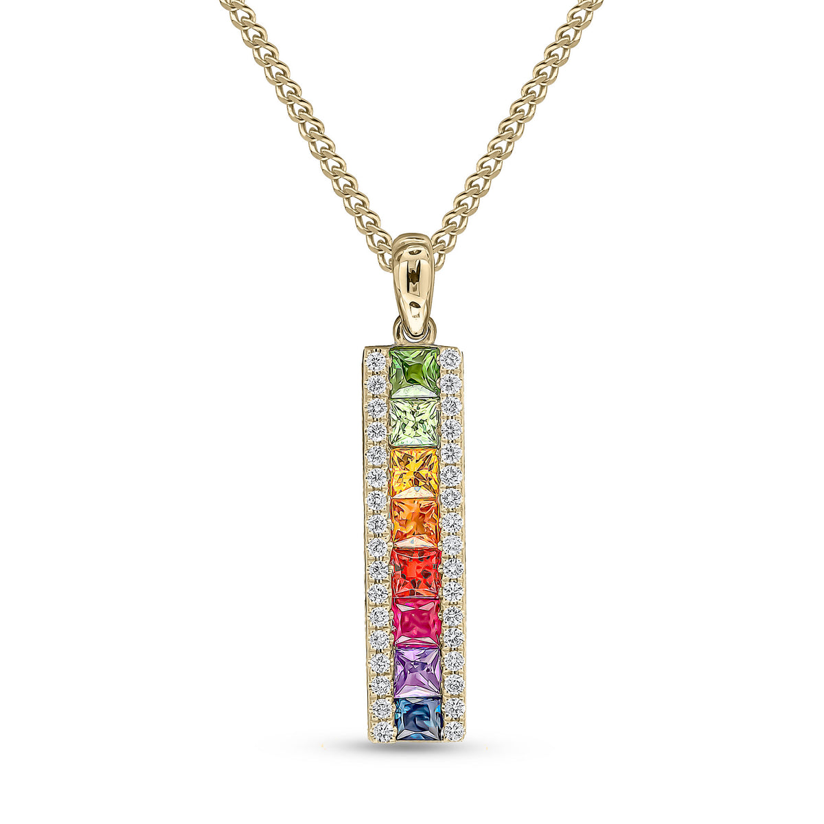 18CT YG SQUARE MULTI-SAPPHIRE & ROUND DIAMOND 3 ROW BAR PENDANT WITH PLAIN LOOP TOP