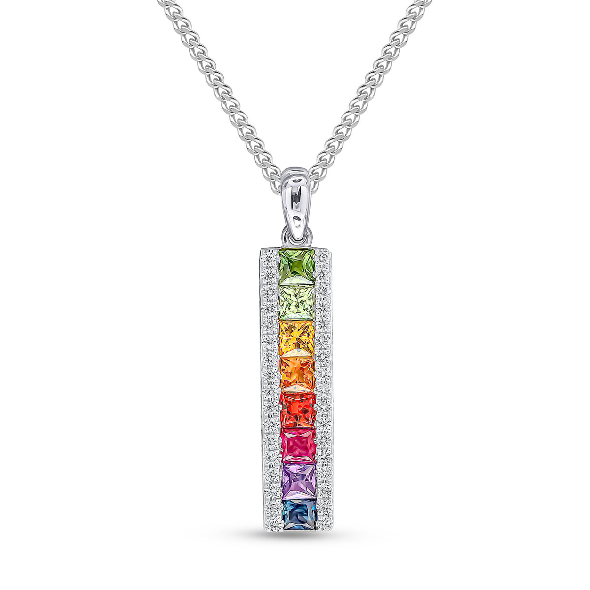 18CT WG SQUARE MULTI-SAPPHIRE & ROUND DIAMOND 3 ROW BAR PENDANT WITH PLAIN LOOP TOP