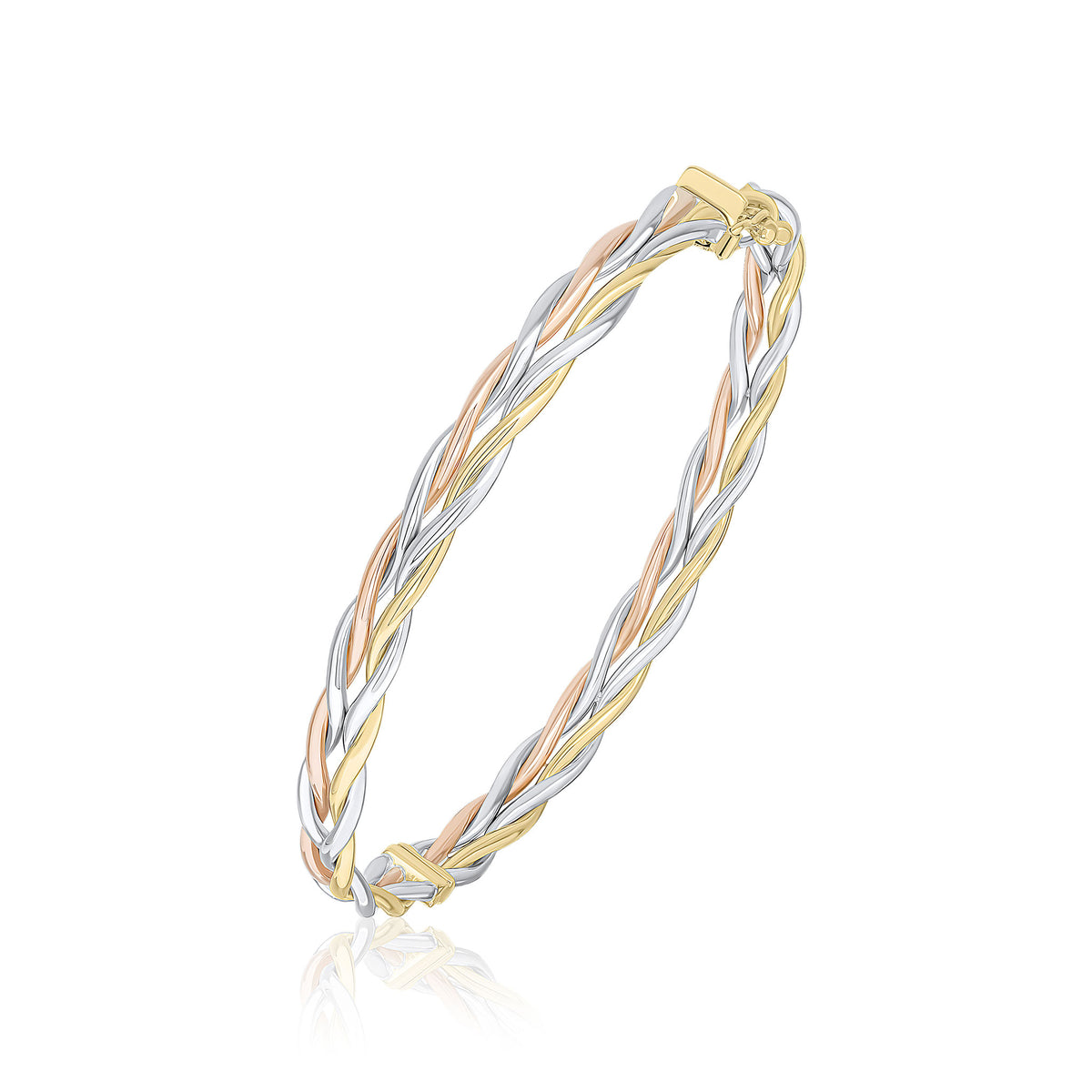 9CT YELLOW, WHITE & ROSE GOLD PLAIT BANGLE