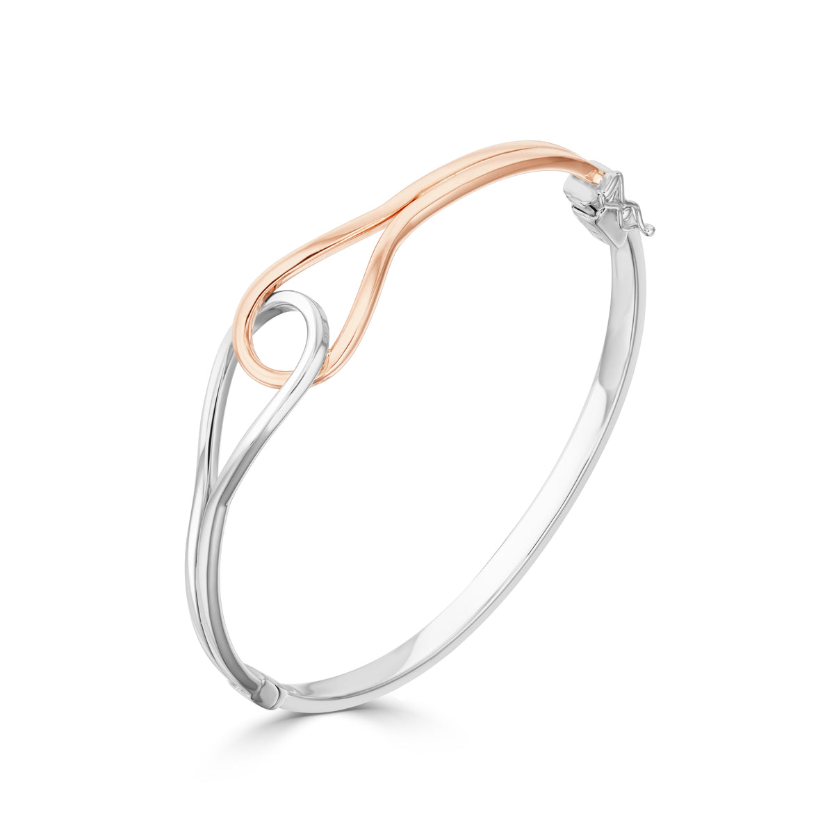 9CT ROSE AND WHITE GOLD POLISHED 'STIRRUP' HOLLOW HINGED BANGLE
