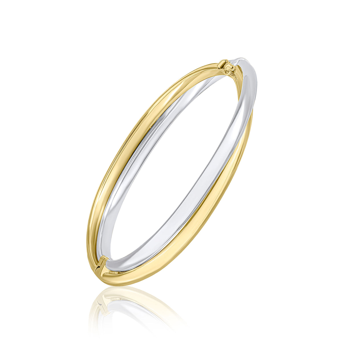 9CT YELLOW AND WHITE GOLD 2 ROW CROSS-OVER HINGED BANGLE