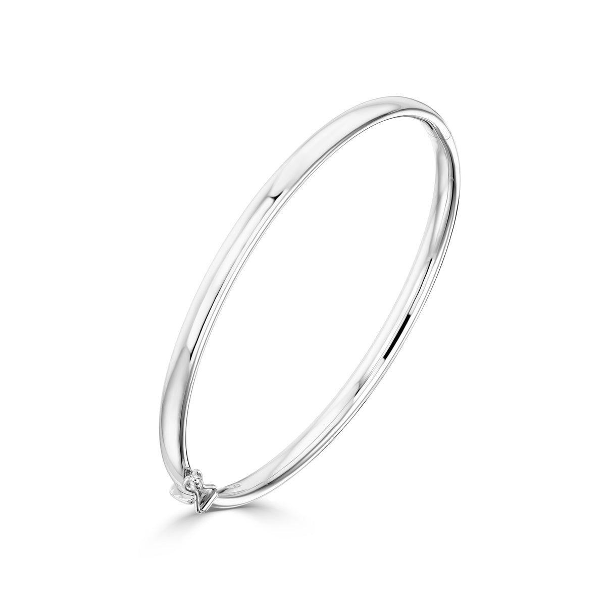 9CT WHITE GOLD 4MM WIDE OVAL SECTION HINGED SOLID BANGLE