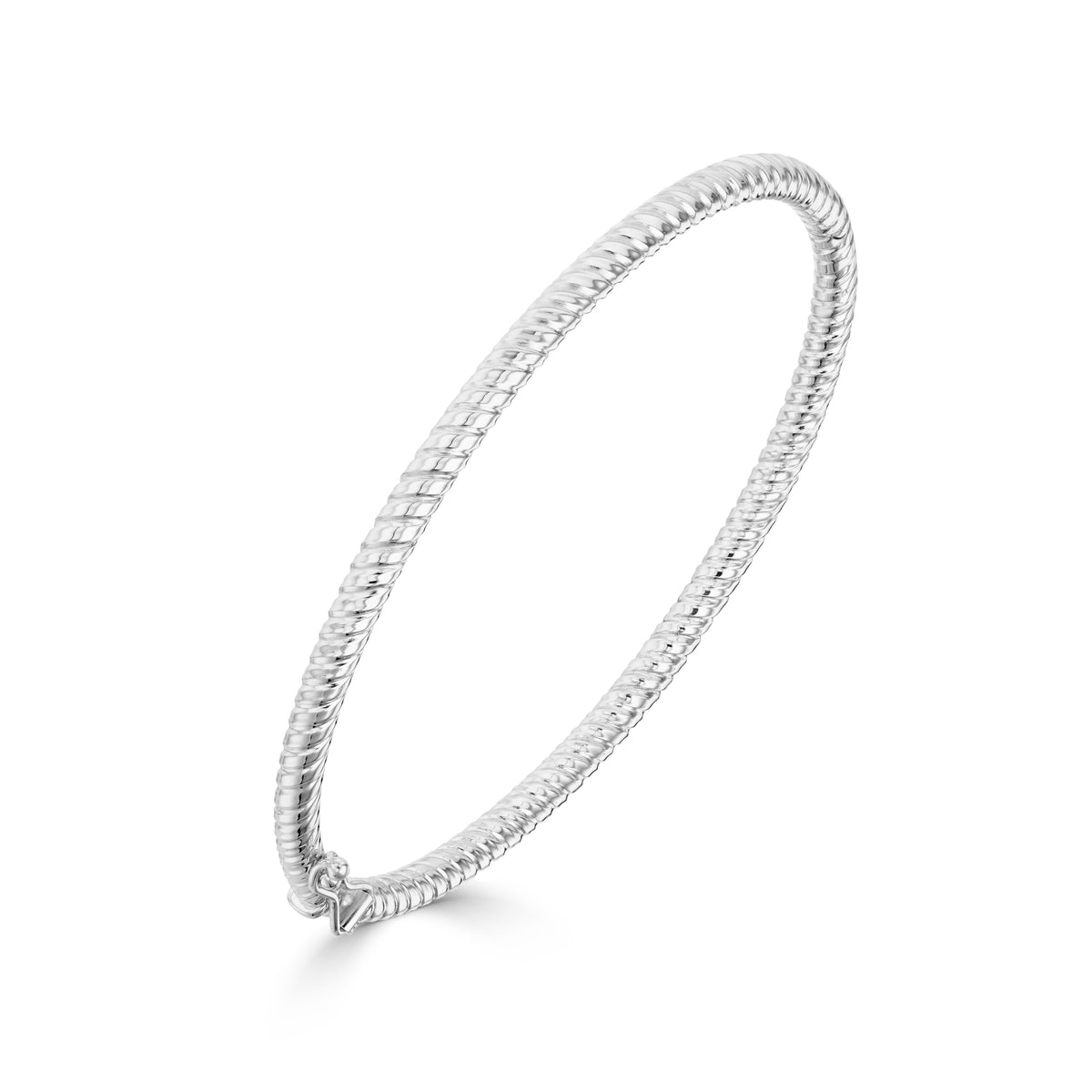 9CT WHITE GOLD ROUND TWISTED SOLID HINGED BANGLE