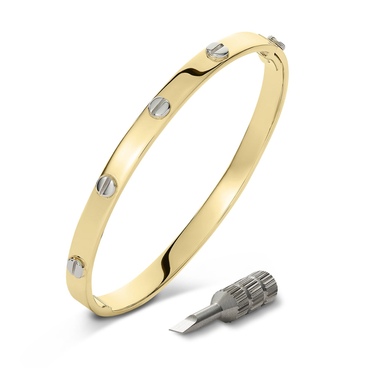 9CT YELLOW GOLD SQUARE SECTION SOLID BANGLE WITH WHITE GOLD SCREWS * DISCONTINUED *