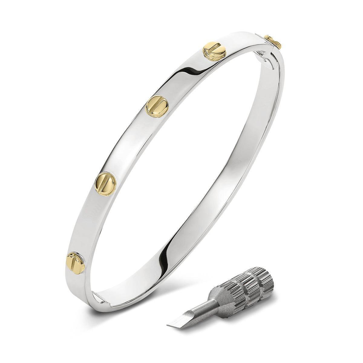 9CT WHITE GOLD SQUARE SECTION SOLID BANGLE WITH YELLOW GOLD SCREWS * DISCONTINUED *