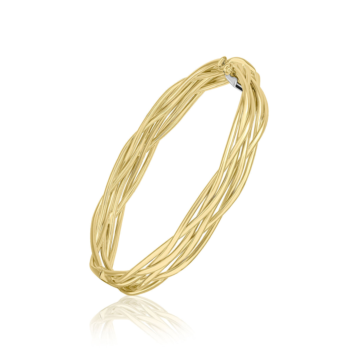 9CT YG POLISHED 'WOVEN' WIDE SOLID HINGED BANGLE