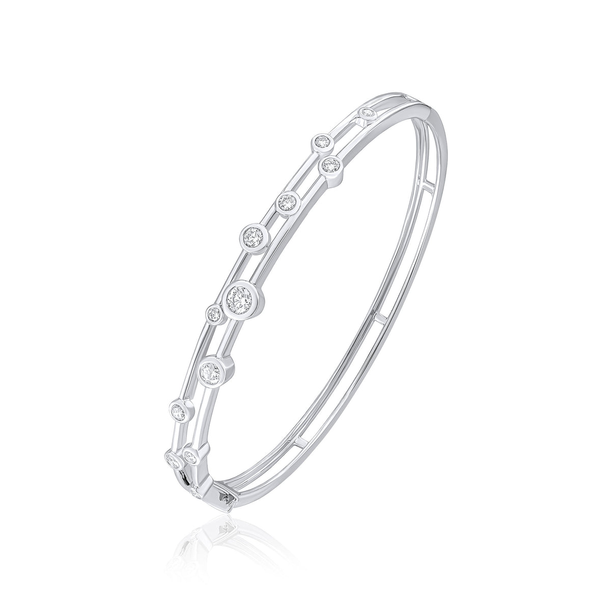 18CT WHITE GOLD ROUND DIAMOND RUBOVER 2 ROW HINGED BUBBLE BANGLE