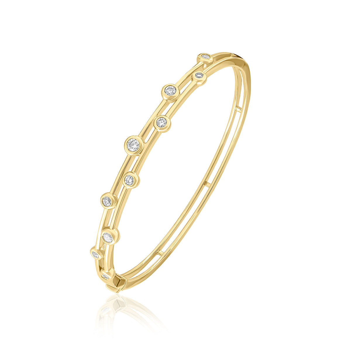 18CT YELLOW GOLD RUBOVER ROUND DIAMOND 2 ROW HINGED BUBBLE BANGLE