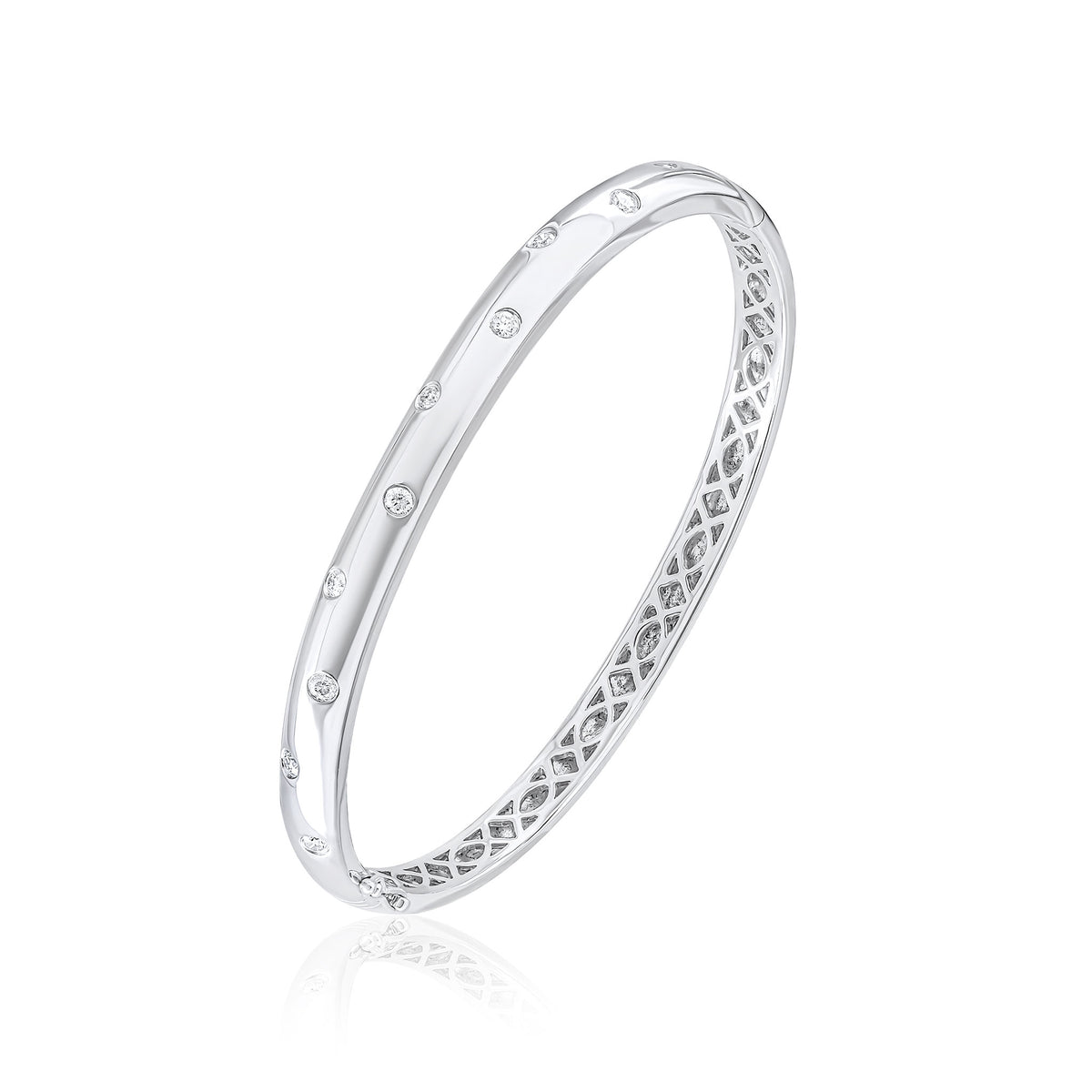18CT WHITE GOLD ROUND DIAMOND SCATTER FLUSH SET POLISHED DOMED HINGED BANGLE