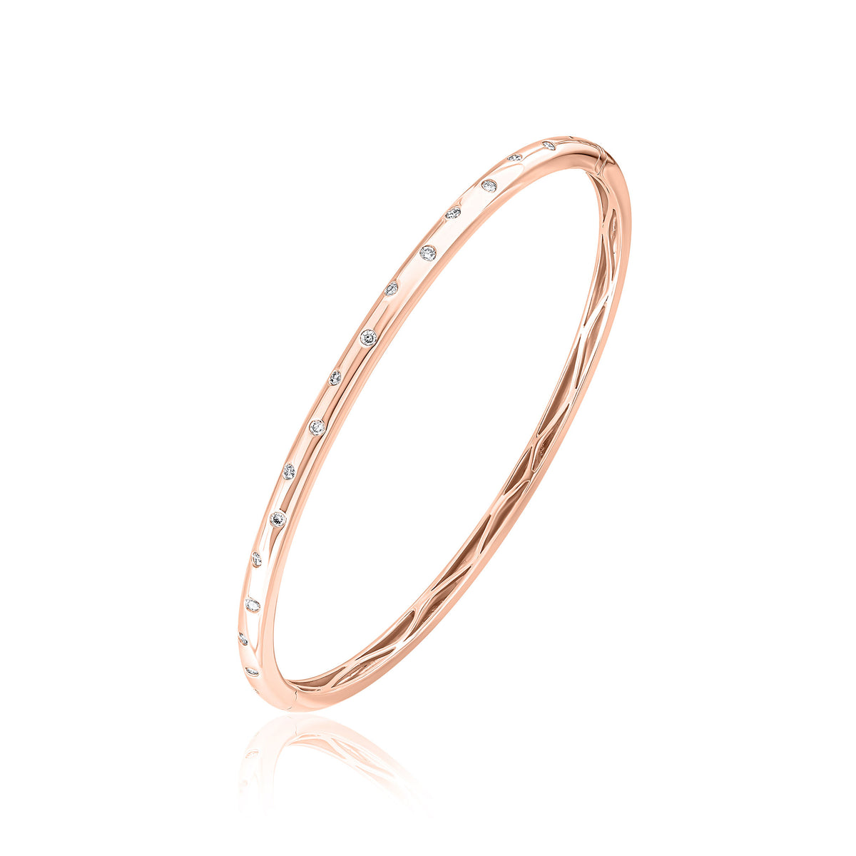 18CT RG SCATTERED DIAMOND FLUSH SET POLISHED DOMED HINGED BANGLE. 0.27ct