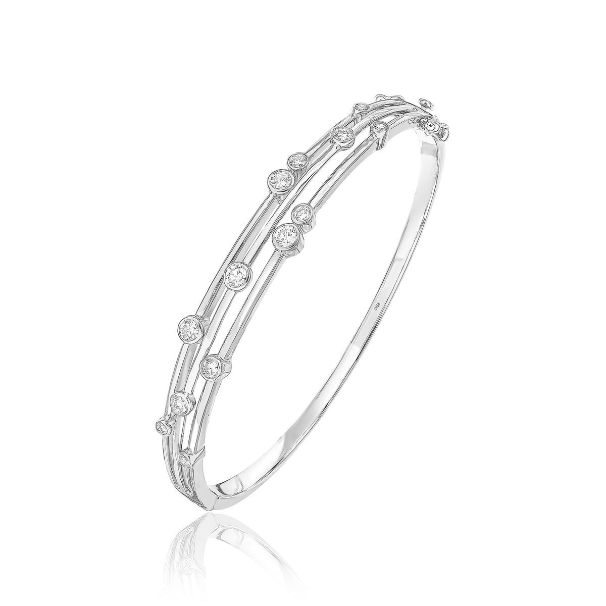 18CT WHITE GOLD ROUND DIAMOND 3 ROW BUBBLE HINGED BANGLE