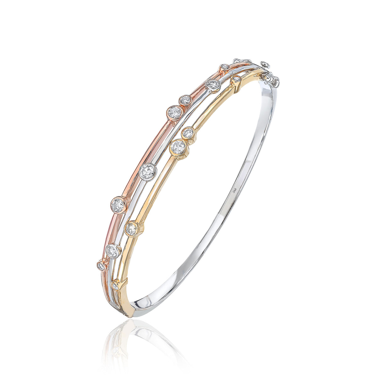 18CT YELLOW, WHITE AND ROSE GOLD ROUND DIAMOND 3 ROW BUBBLE BANGLE