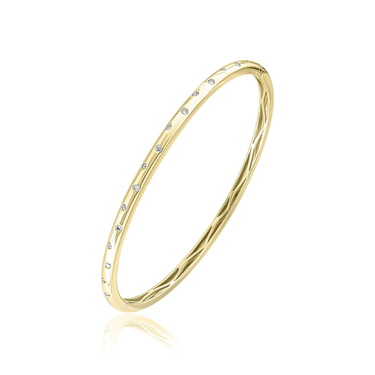 18CT YELLOW GOLD ROUND DIAMOND FLUSH SET POLISHED DOMED HINGED BANGLE. 0.28ct