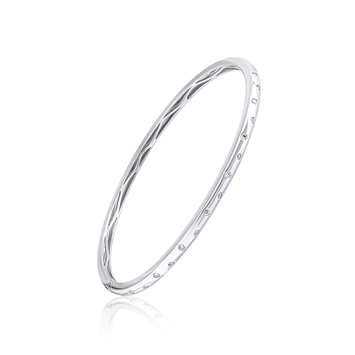 18CT WG SCATTERED DIAMOND FLUSH SET POLISHED DOMED HINGED BANGLE. 0.28ct