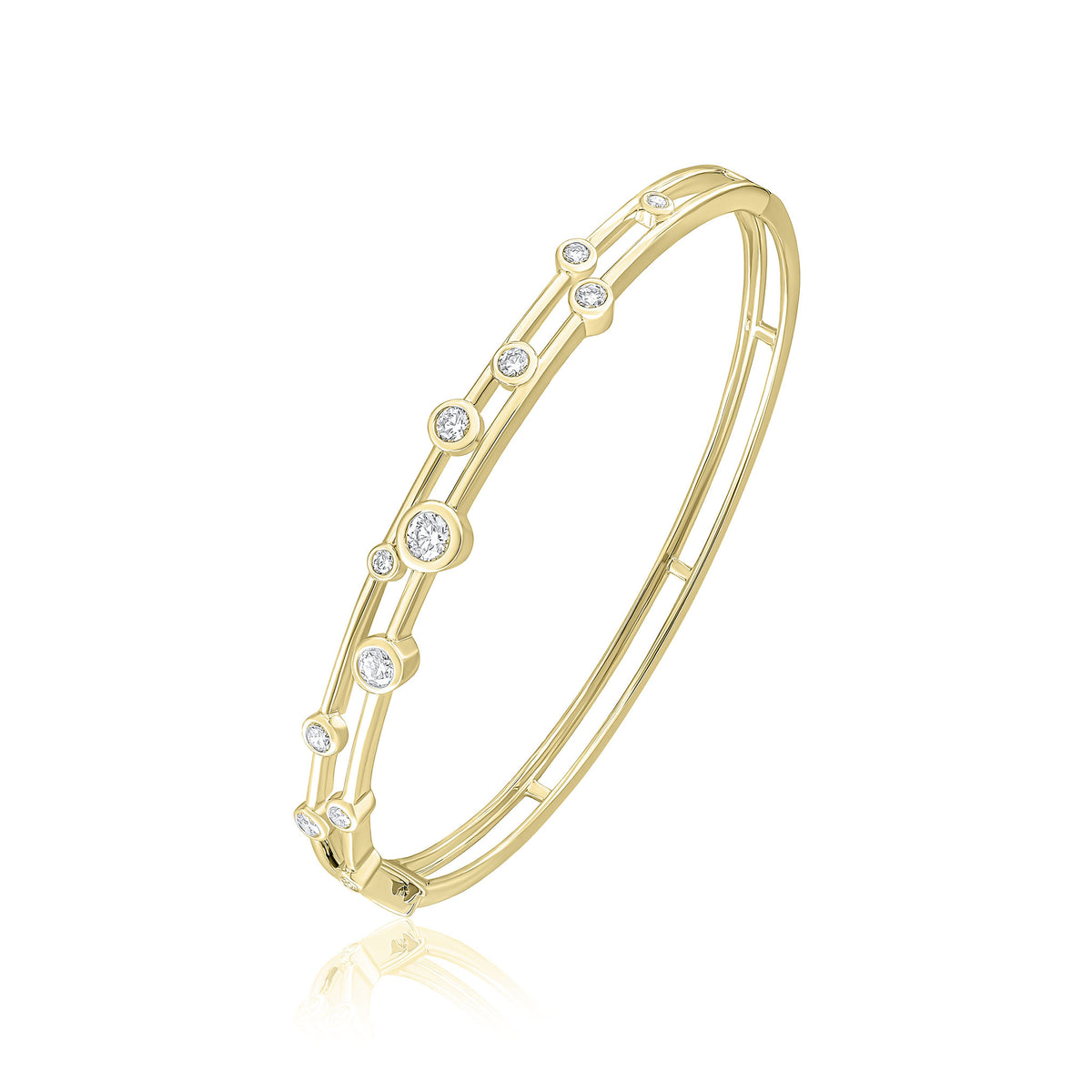 18CT YELLOW GOLD ROUND DIAMOND RUBOVER 2 ROW HINGED BUBBLE BANGLE