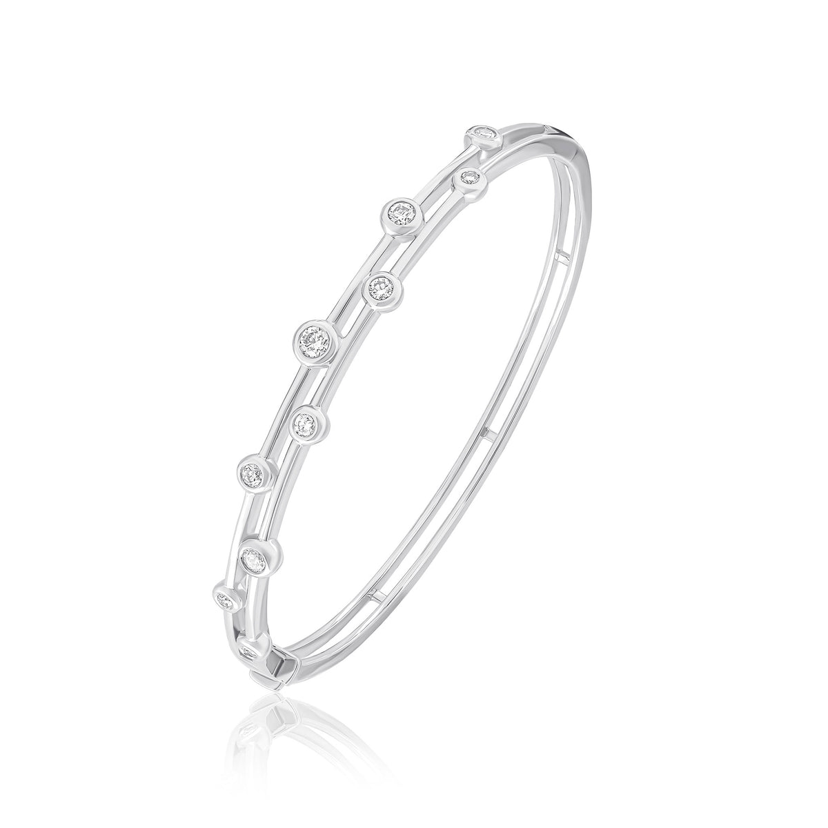 18CT WHITE GOLD RUBOVER ROUND DIAMOND 2 ROW HINGED BUBBLE BANGLE