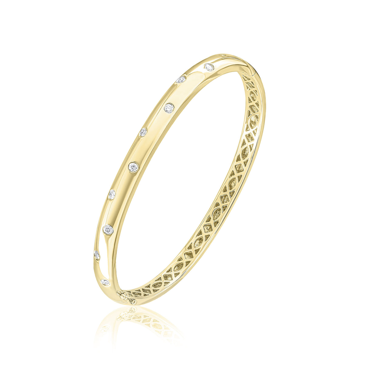 18CT YELLOW GOLD ROUND DIAMOND SCATTER FLUSH SET POLISHED DOMED HINGED BANGLE