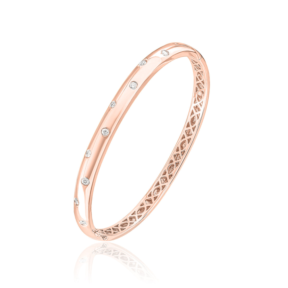 18CT ROSE GOLD ROUND DIAMOND SCATTER FLUSH SET POLISHED DOMED HINGED BANGLE