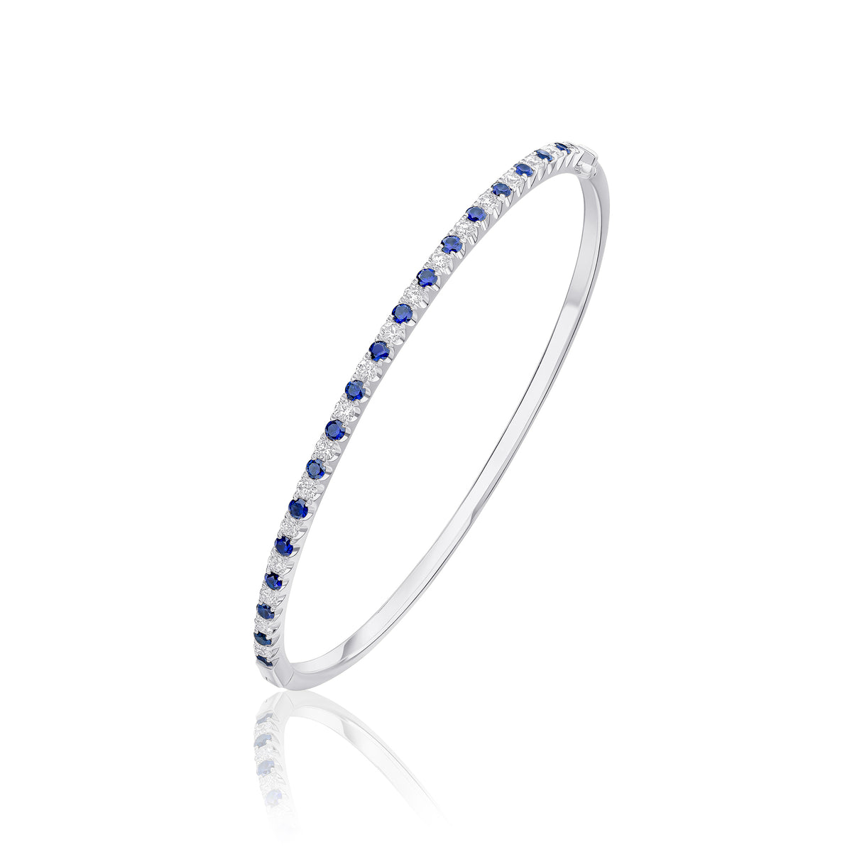 18CT WG ROUND SAPPHIRE & DIAMOND CLAW SET HINGED BANGLE