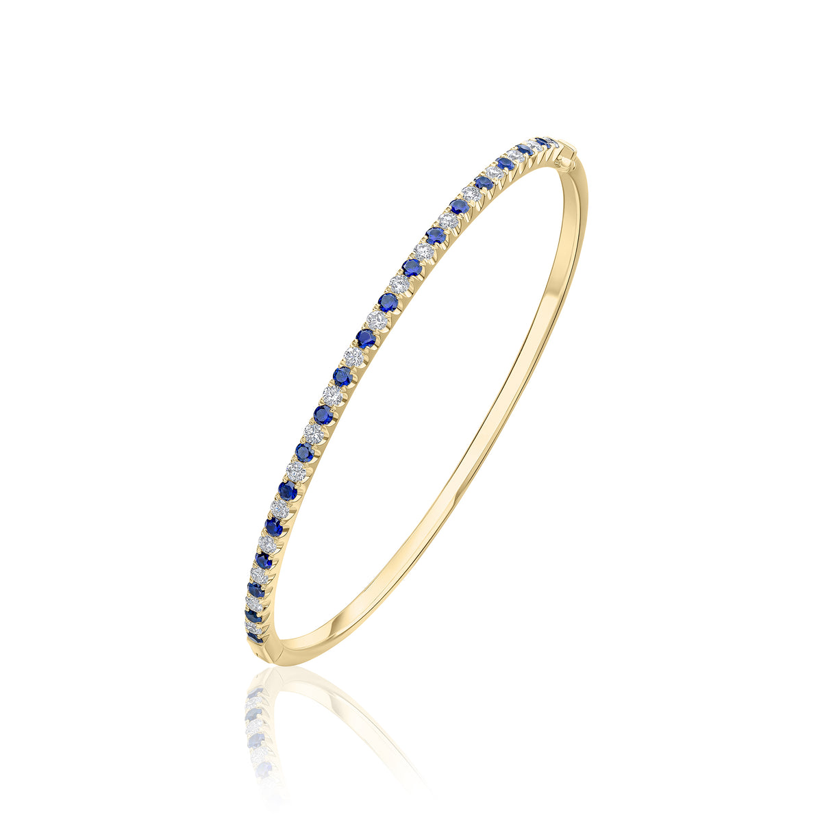 18CT YG ROUND SAPPHIRE & DIAMOND CLAW SET HINGED BANGLE
