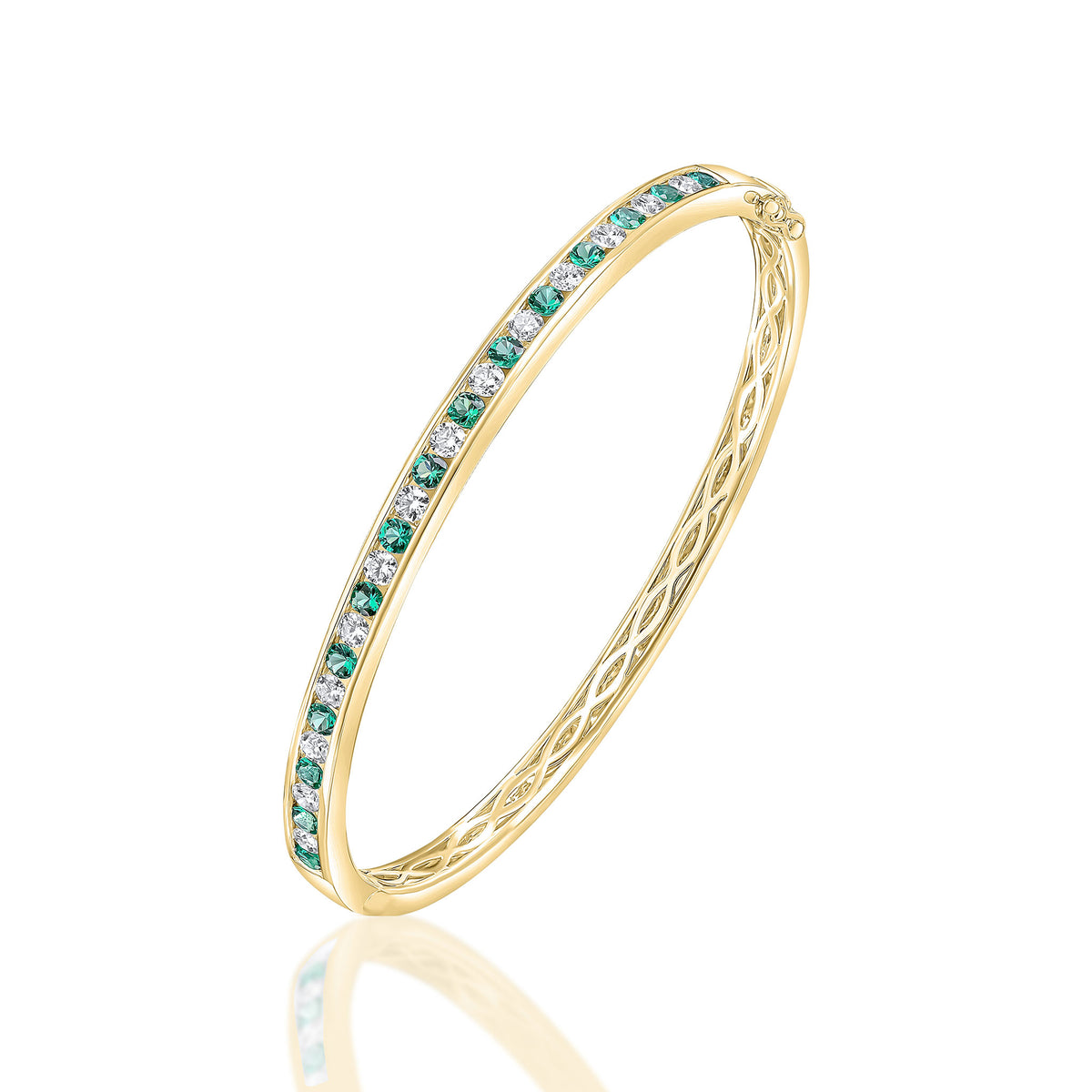 18CT YELLOW GOLD ROUND EMERALD & ROUND DIAMOND CHANNEL SET HINGED BANGLE