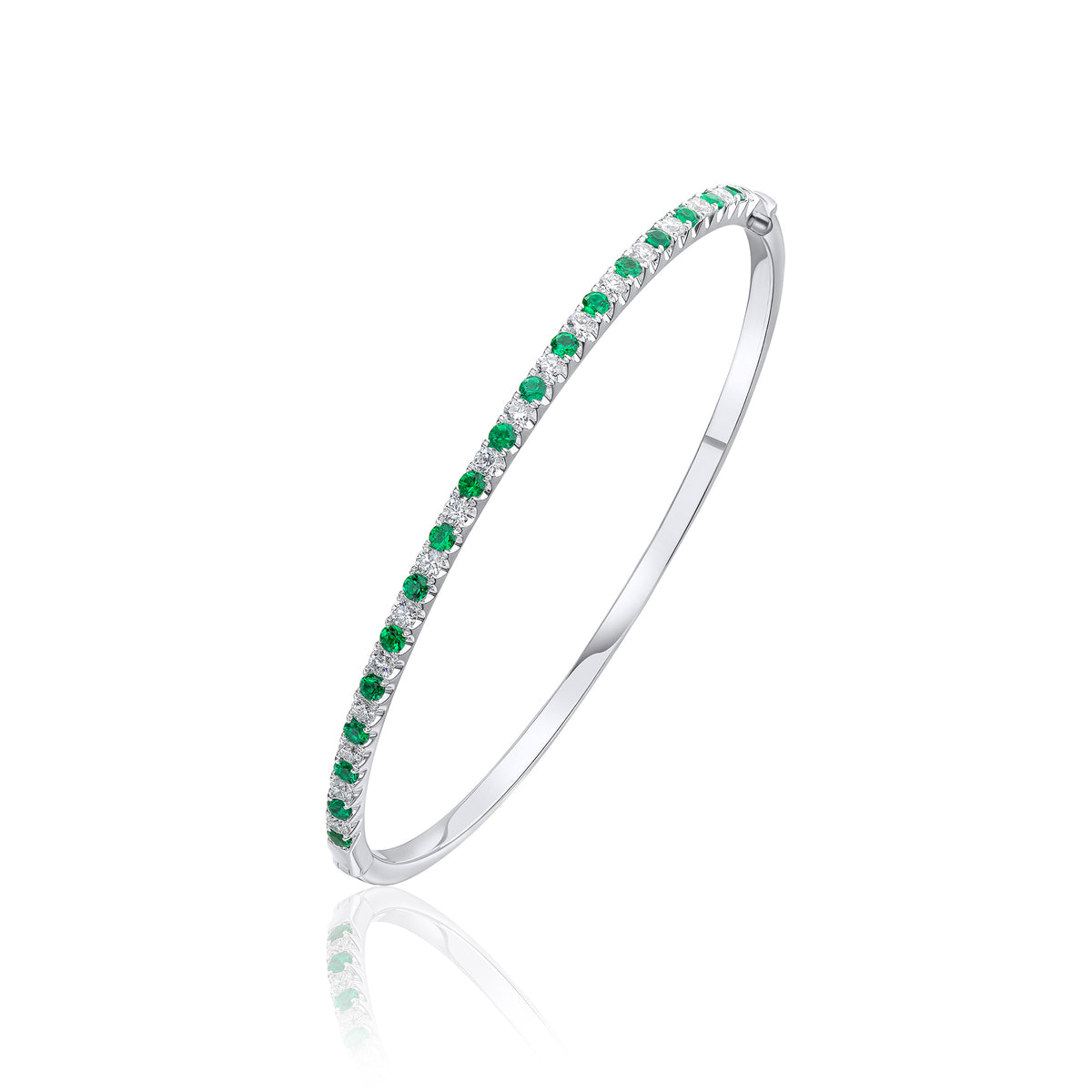 18CT WG ROUND EMERALD & DIAMOND CLAW SET HINGED BANGLE
