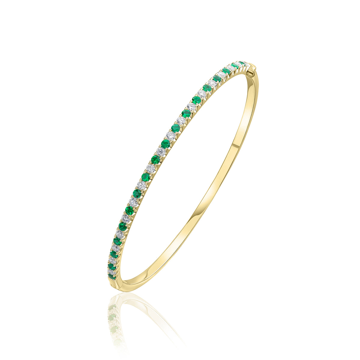 18CT YG ROUND EMERALD & DIAMOND CLAW SET HINGED BANGLE