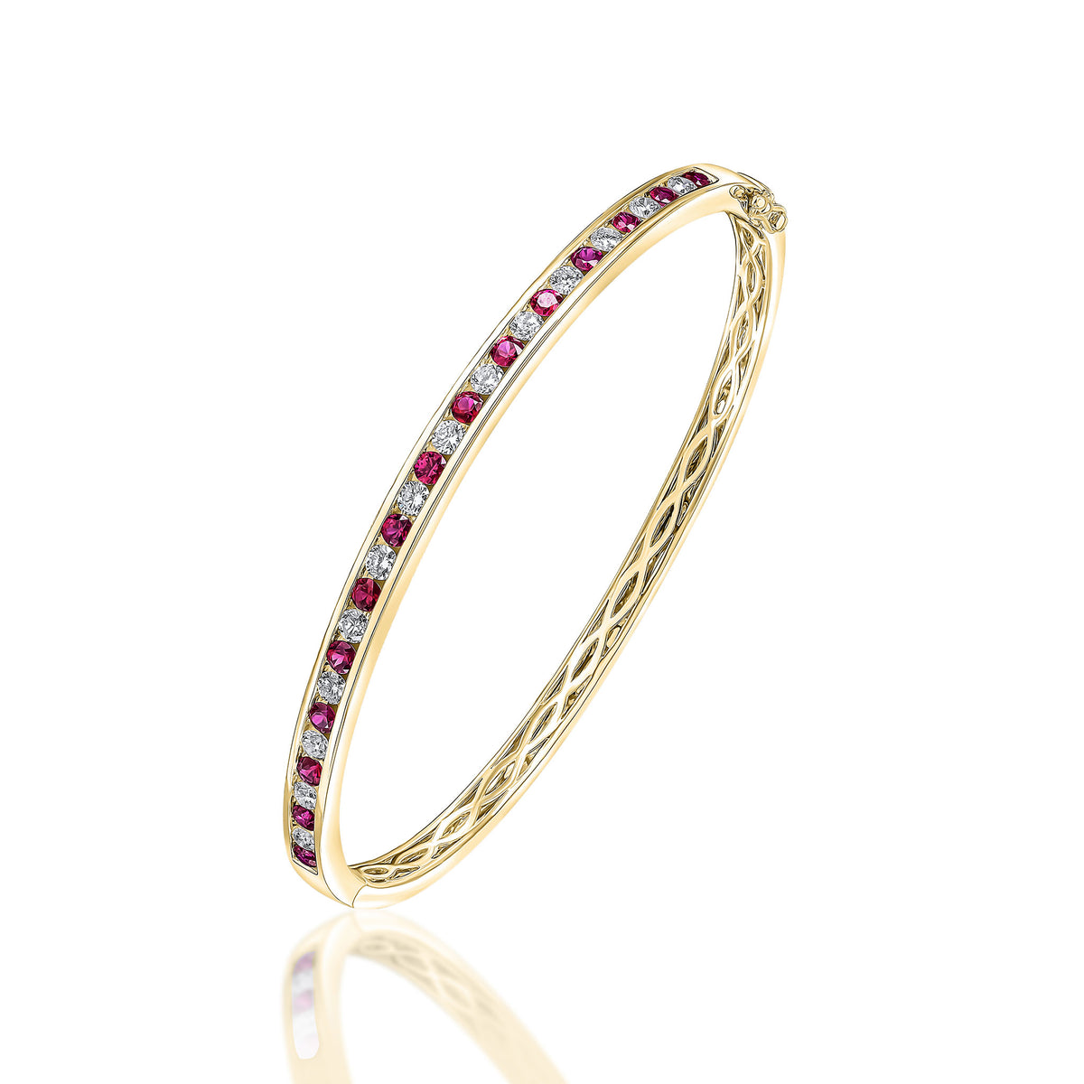 18CT YELLOW GOLD ROUND RUBY & DIAMOND CHANNEL SET BANGLE