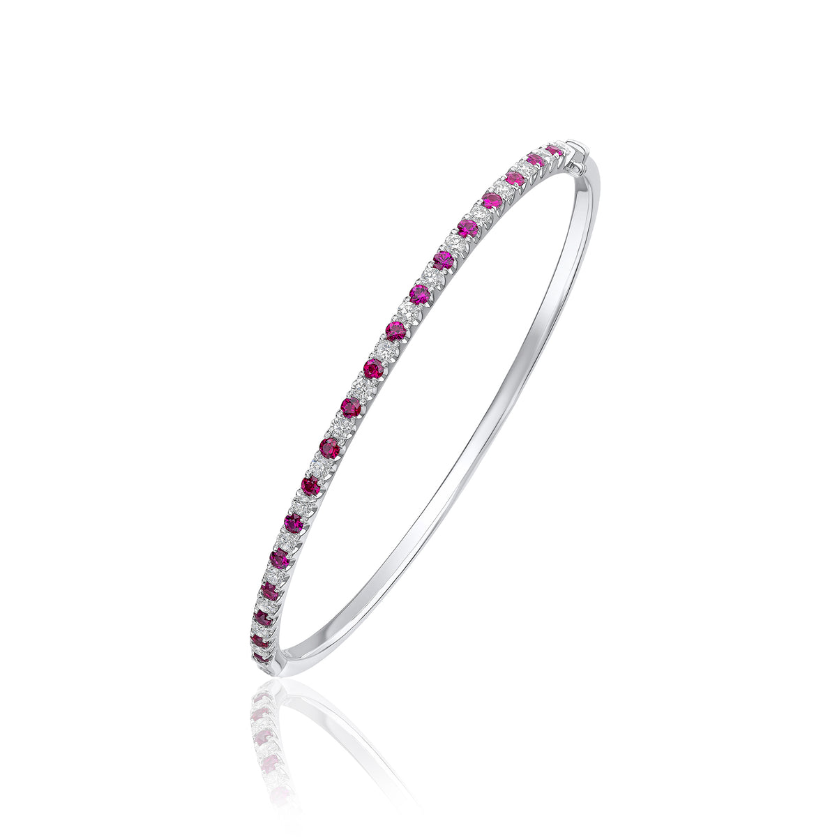 18CT WG ROUND RUBY & DIAMOND CLAW SET HINGED BANGLE